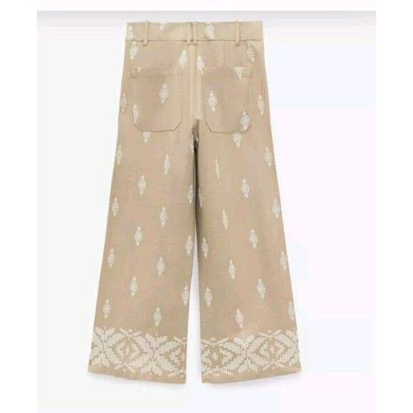 ZARA Linen Blend Embroidered Wide Leg Crop Pants Beige Blogger F 2731 047 - Picture 6 of 12